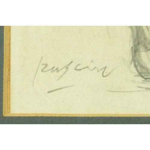 1422 - Figural study of two males, pencil on paper, bearing an indistinct signature, mounted and framed, 44... 