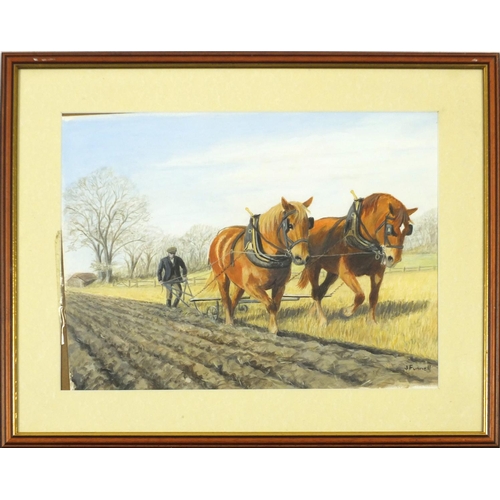 1423 - J Funnell - Ploughing scene, watercolour on paper, mounted, framed and glazed, 40cm x 30.5cm