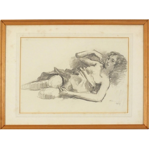 1369 - Reclining semi nude female, chalk, indistinctly signed, possibly A Hayward, mounted, framed and glaz... 