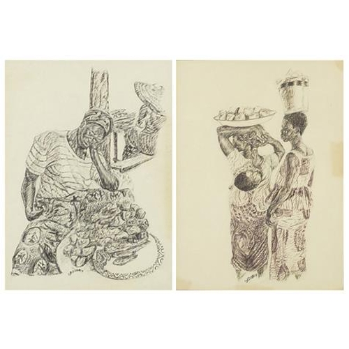 1115 - African figures, pair of pen and inks, each bearing a signature Sedodey, mounted and framed, 32cm x ... 