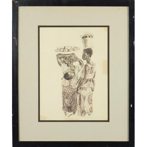 1115 - African figures, pair of pen and inks, each bearing a signature Sedodey, mounted and framed, 32cm x ... 