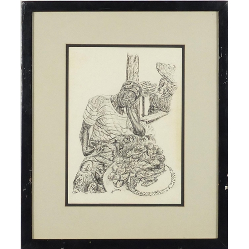 1115 - African figures, pair of pen and inks, each bearing a signature Sedodey, mounted and framed, 32cm x ... 