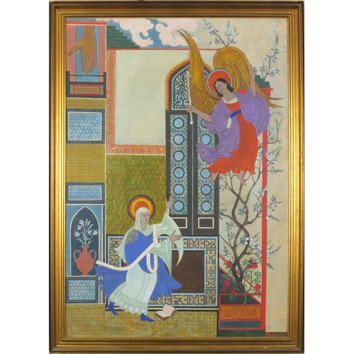 1084 - Peter Bucknell '89 - Religious scene, mixed media, framed and glazed, 95cm x 67.5cm