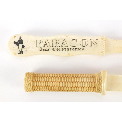 1088 - Two carved bone letter openers including one advertising Paragon Golf Construction, the largest 23cm... 