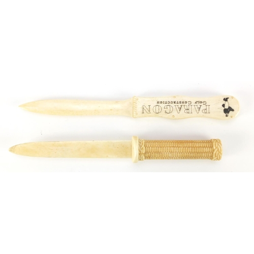 1088 - Two carved bone letter openers including one advertising Paragon Golf Construction, the largest 23cm... 