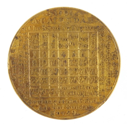 801 - Late 18th century calendar coin, detailing various Royal birthdays, dated 1795, 4cm in diameter, app... 