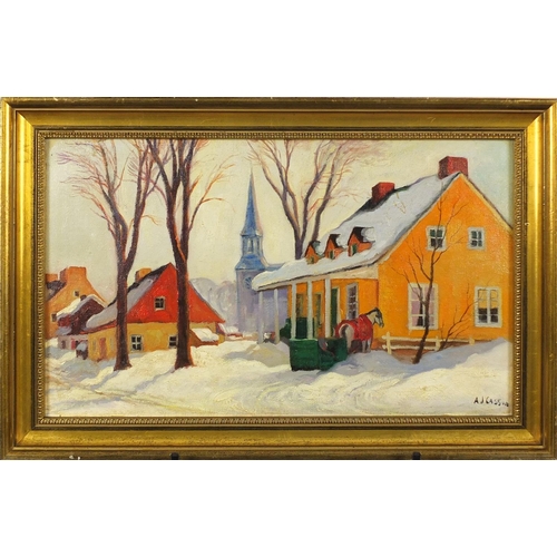 1121 - Manner of Alfred Joseph Casson - Snowy town scene, Canadian school oil on board, framed, 49cm x 29cm