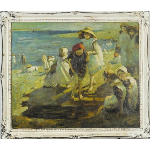 379 - Manner of Laura Knight - Figures on a beach, modern British oil on board, framed, 59.5cm x 49.5cm