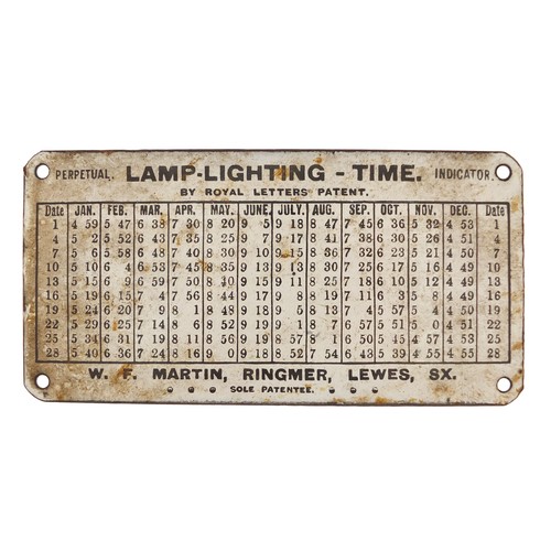 806 - Lamp lighting time perpetual indicator enamel plaque by Royal Letters Patent, 15cm x 7.5cm