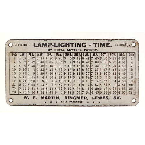 782 - Lamp lighting time perpetual indicator enamel plaque by Royal Letters Patent, 15cm x 7.5cm