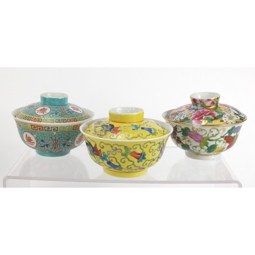 1245 - Chinese porcelain rice bowls and covers, some with saucers, each hand painted, the largest 22cm in l... 