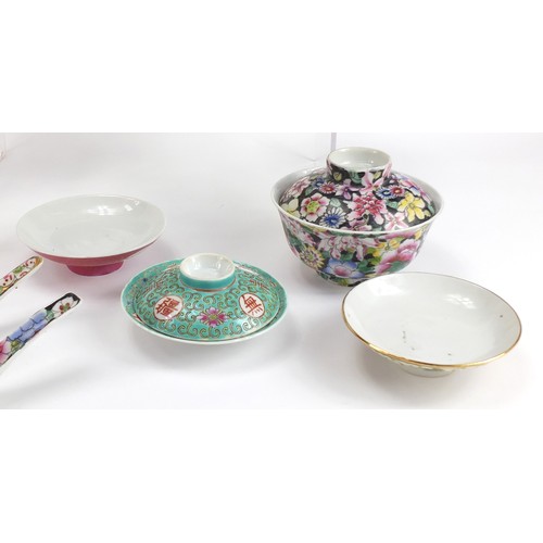 1245 - Chinese porcelain rice bowls and covers, some with saucers, each hand painted, the largest 22cm in l... 