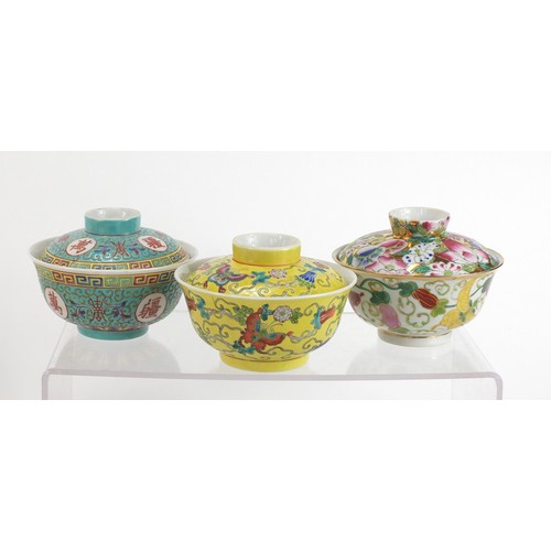 1245 - Chinese porcelain rice bowls and covers, some with saucers, each hand painted, the largest 22cm in l... 