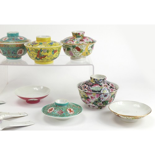 1245 - Chinese porcelain rice bowls and covers, some with saucers, each hand painted, the largest 22cm in l... 