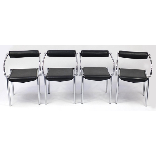 1621 - Set of four 1970's design chrome chairs with black faux leather upholstery, each 75cm high