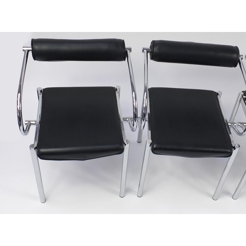 1621 - Set of four 1970's design chrome chairs with black faux leather upholstery, each 75cm high