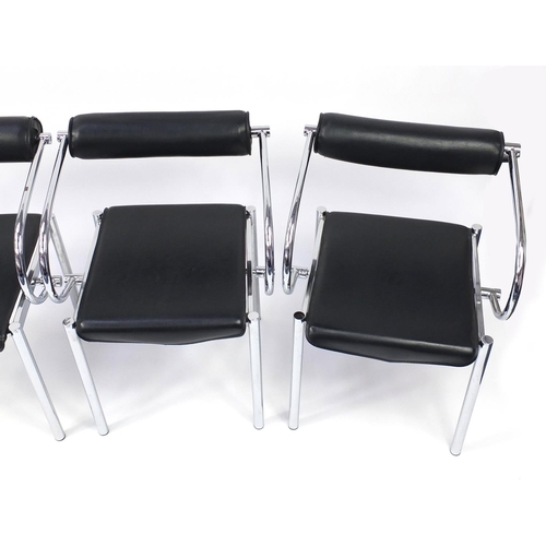 1621 - Set of four 1970's design chrome chairs with black faux leather upholstery, each 75cm high