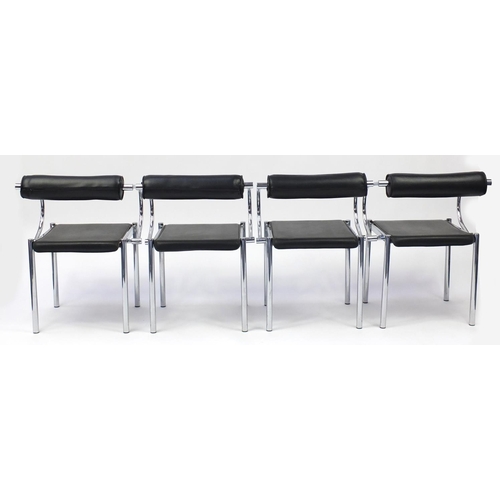 1621 - Set of four 1970's design chrome chairs with black faux leather upholstery, each 75cm high