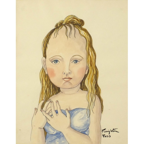 898 - Manner of Léonard Tsuguharu Foujita - Portrait of a girl, watercolour, framed and glazed, 29cm x 23c... 