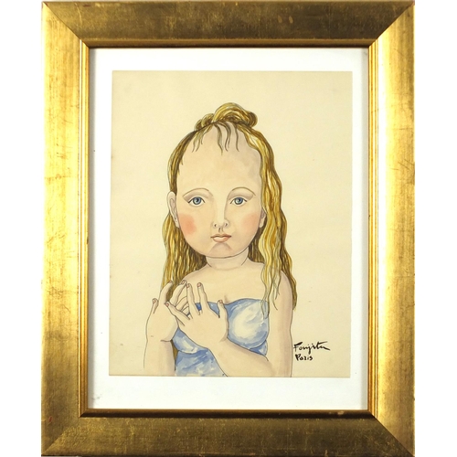 898 - Manner of Léonard Tsuguharu Foujita - Portrait of a girl, watercolour, framed and glazed, 29cm x 23c... 