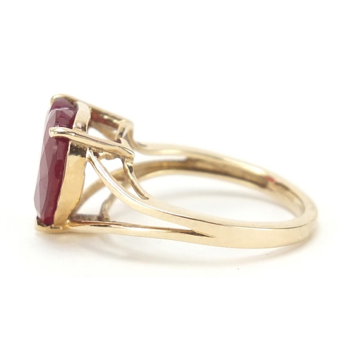 1140 - 9ct gold ruby love heart ring, size N, 3.7g