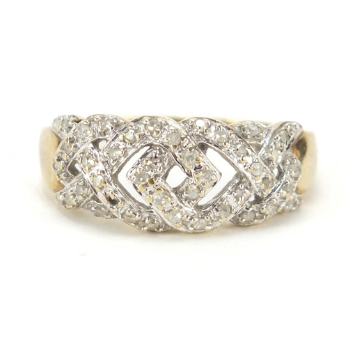 1143 - 9ct gold diamond weave design ring, size S, 3.3g