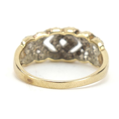 1143 - 9ct gold diamond weave design ring, size S, 3.3g