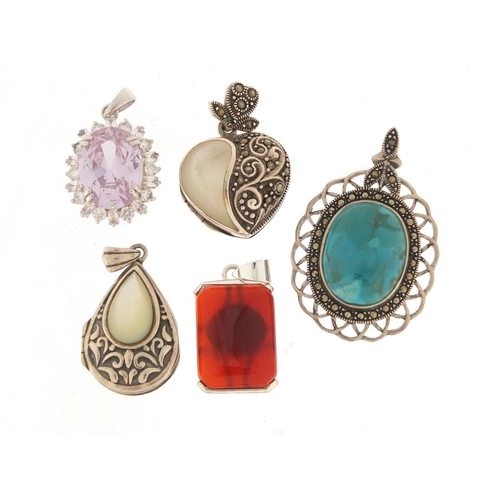 1147 - Five silver pendants and lockets, set with semi precious stones including turquoise and mother of pe... 