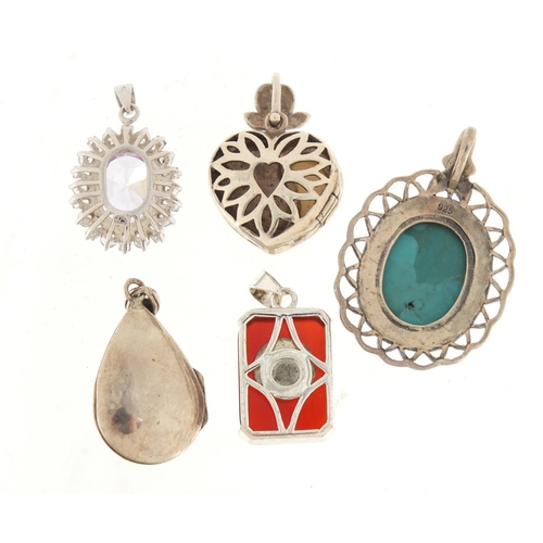 1147 - Five silver pendants and lockets, set with semi precious stones including turquoise and mother of pe... 