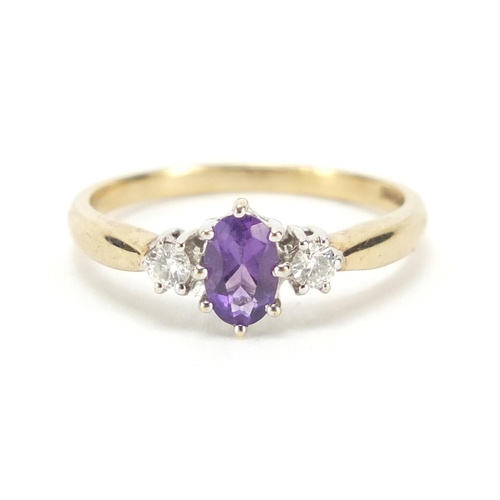 1189 - 9ct gold amethyst and diamond ring, size O, 2.2g