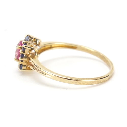 1303 - 9ct gold pink and blue stone cluster ring, size U, 2.2g