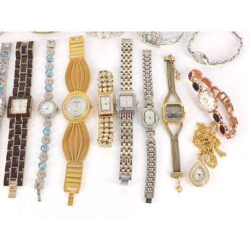 1351 - Ladies wristwatches and fob watches, some with mother of pearl diamonds and some set with colourful ... 