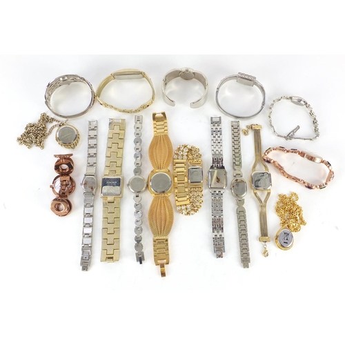 1351 - Ladies wristwatches and fob watches, some with mother of pearl diamonds and some set with colourful ... 