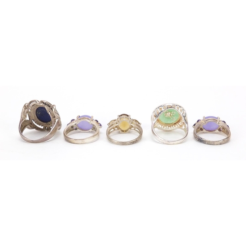 1397 - Five silver rings including one Chinese, set with semi precious stones, various sizes, 26.5g