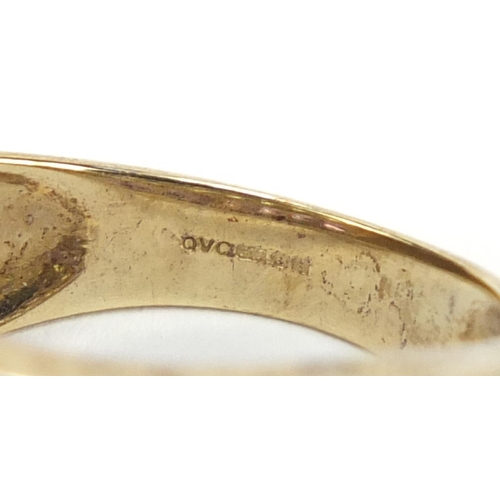 203 - 9ct gold amethyst and peridot three row ring, size P, 4.8g