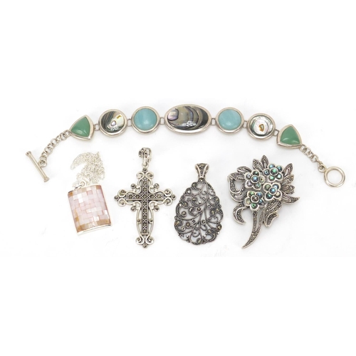 538 - Silver jewellery including two marcasite pendants and a semi precious stone bracelet, 57.5g