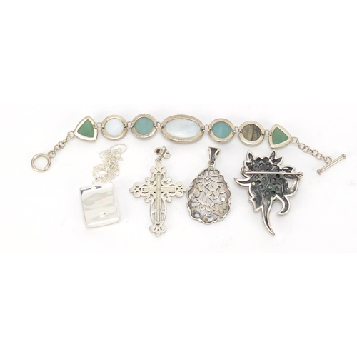 538 - Silver jewellery including two marcasite pendants and a semi precious stone bracelet, 57.5g