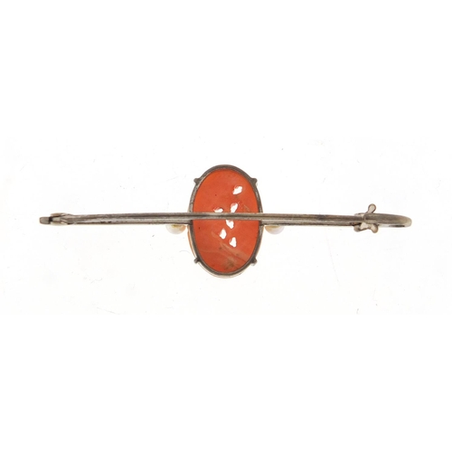 57 - Chinese 9ct white gold coral and pearl bar brooch, carved with flowers, 5cm in length, 2.6g