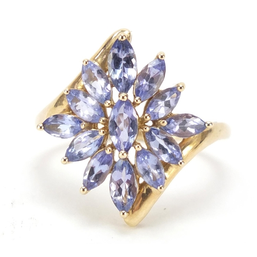 758 - 9ct gold tanzanite flower head ring, size P, 3.1g