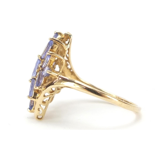 758 - 9ct gold tanzanite flower head ring, size P, 3.1g