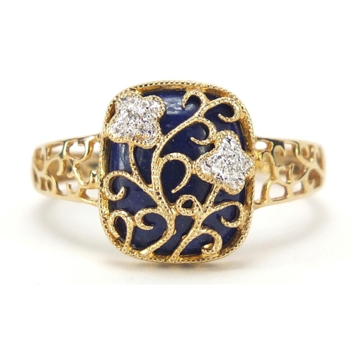 762 - 9ct gold lapis lazuli and diamond ring, size V, 3.0g