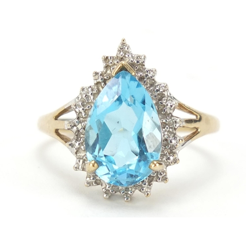 790 - 9ct gold blue topaz and diamond pear shape ring, size P, 3.2g