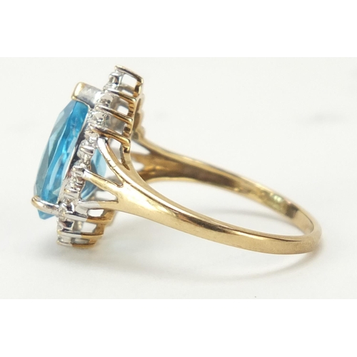 790 - 9ct gold blue topaz and diamond pear shape ring, size P, 3.2g