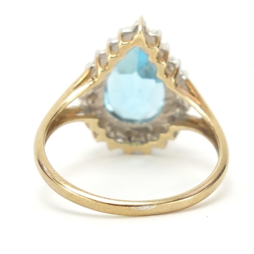 790 - 9ct gold blue topaz and diamond pear shape ring, size P, 3.2g