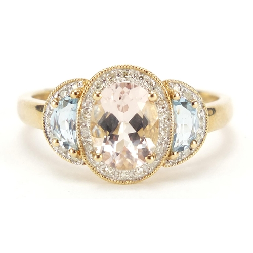 901 - 9ct gold aquamarine, diamond and pink stone ring, size W 3.6g