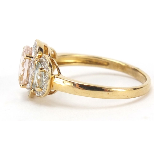 901 - 9ct gold aquamarine, diamond and pink stone ring, size W 3.6g