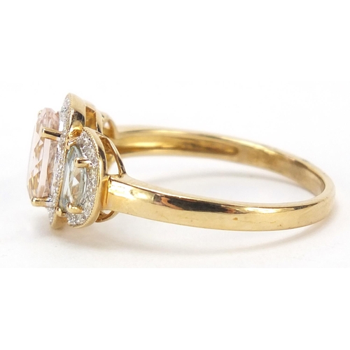 901 - 9ct gold aquamarine, diamond and pink stone ring, size W 3.6g