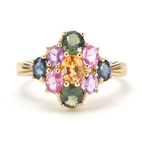 92 - 9ct gold multi gem cluster ring, size P, 3.4g