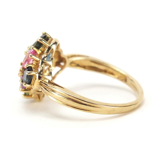 92 - 9ct gold multi gem cluster ring, size P, 3.4g