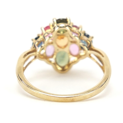 92 - 9ct gold multi gem cluster ring, size P, 3.4g